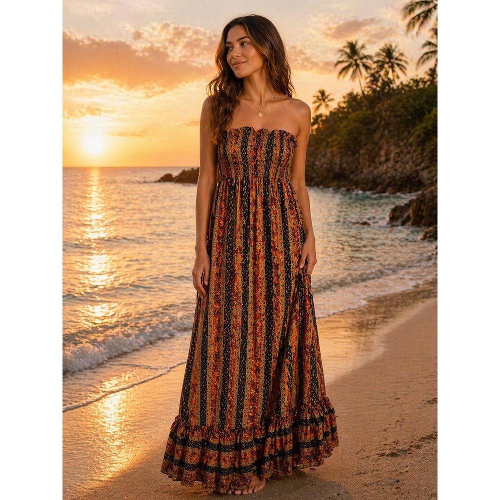 Anthropologie 100% Silk Strapless Smocked Maxi Dress Boho Paisley XS
